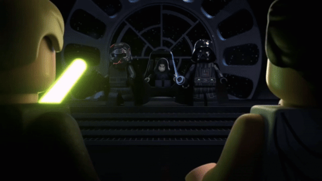 KyloRenVaderPalpatinevsLukeReyTheLegoStarWarsHolidaySpecial-ezgif.com-reverse.gif